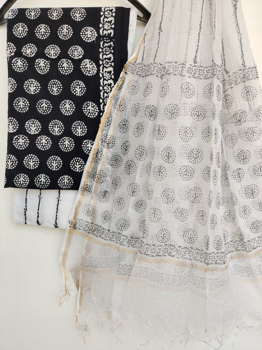 (Black & White) Hand Block Printed Cotton Suit with Cotton Kota Doria dupatta