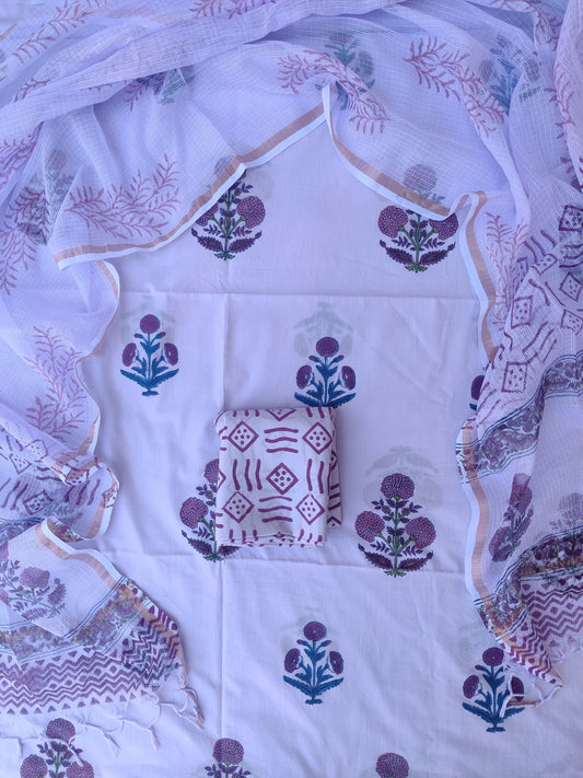 Hand Block Printed Cotton Suit with Cotton Kota Doria dupatta