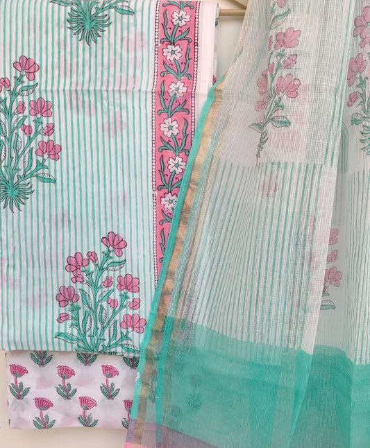 Hand Block Printed Cotton Suit with Cotton Kota Doria dupatta