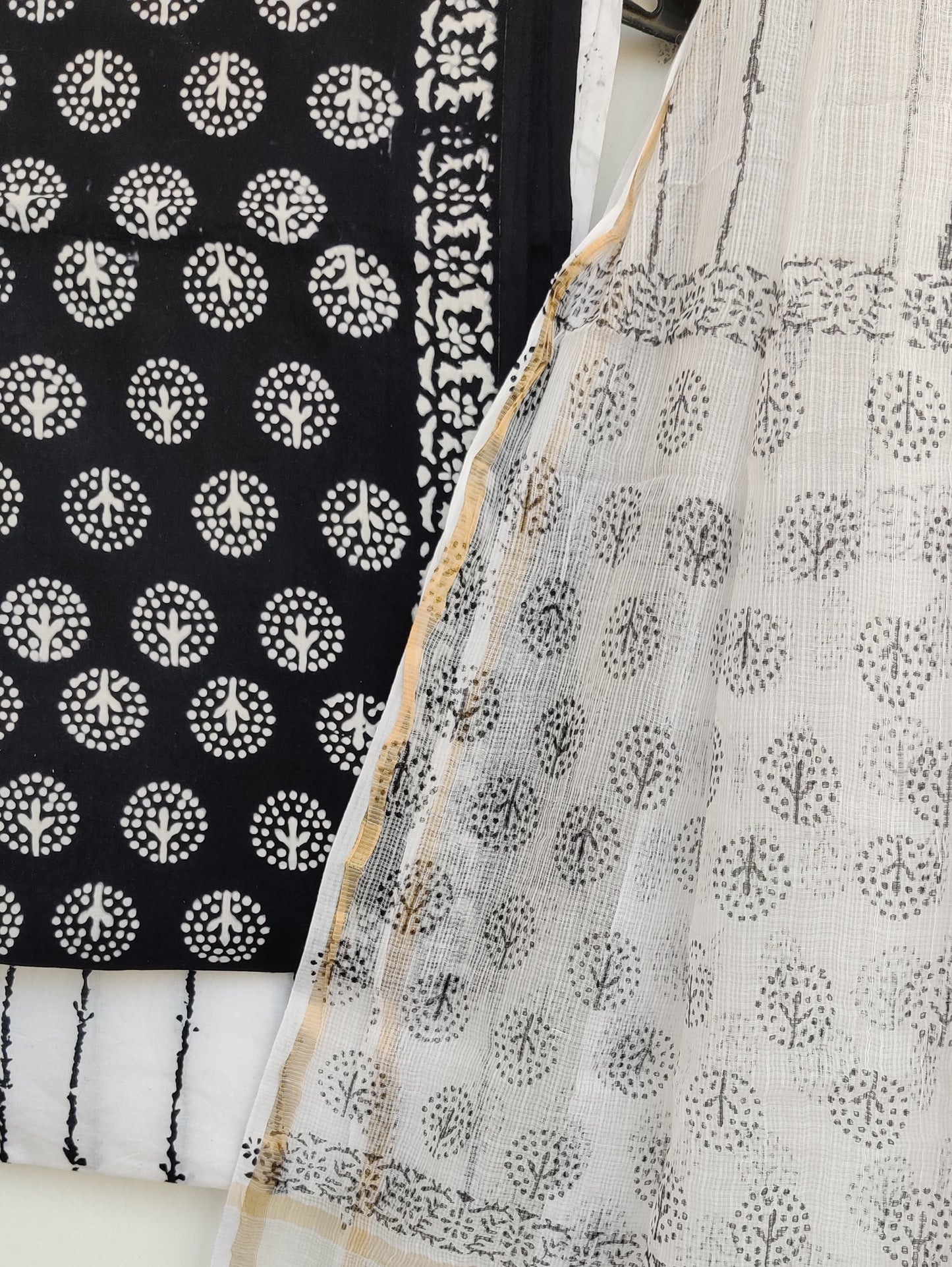 (Black & White) Hand Block Printed Cotton Suit with Cotton Kota Doria dupatta