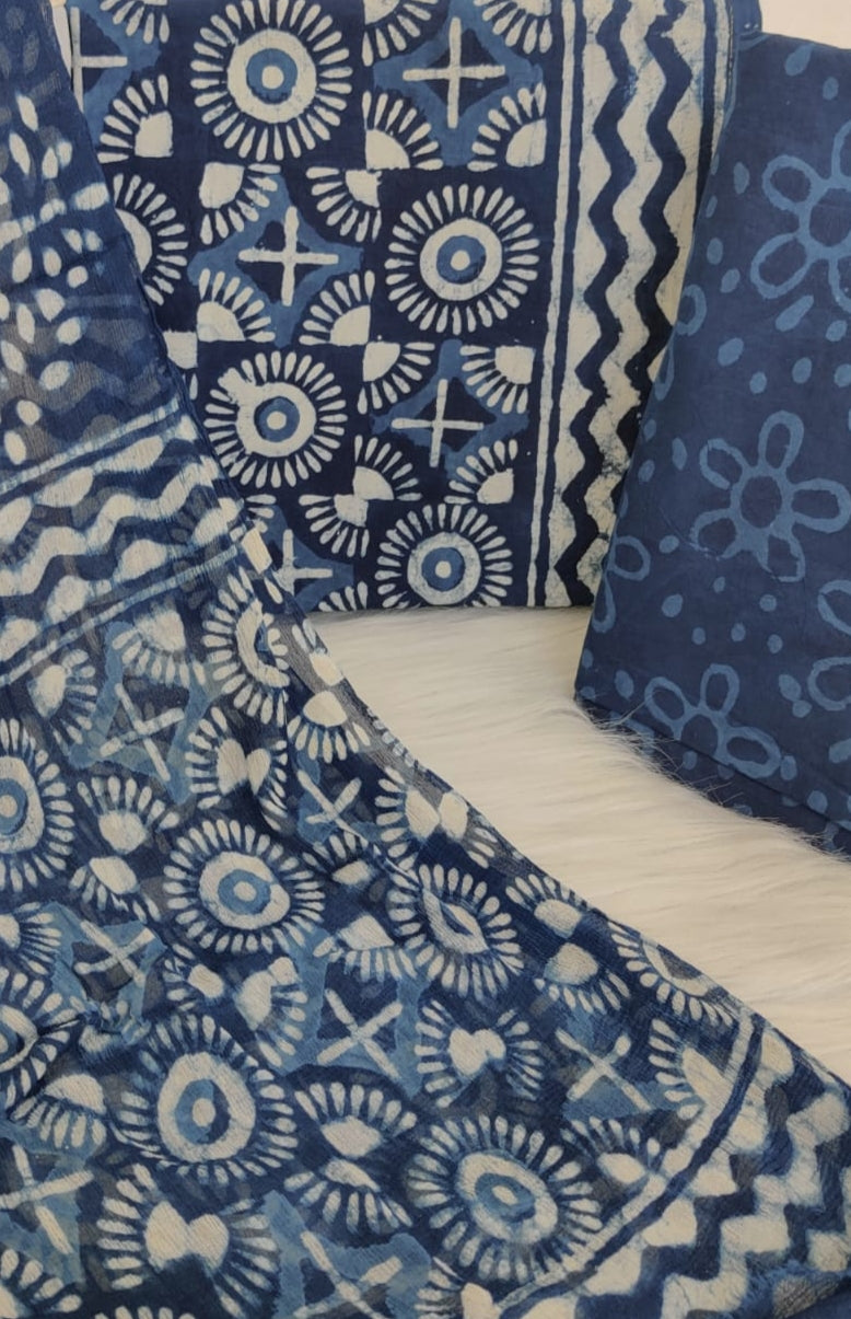 (INDIGO) COTTON SUIT WITH PURE CHIFFON DUPATTA
