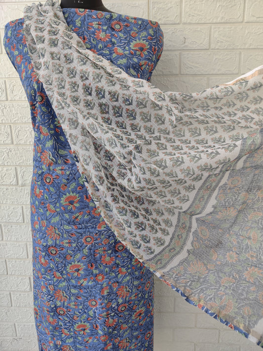 (All over) Hand Block Printed Cotton Suit with Cotton Kota Doria dupatta