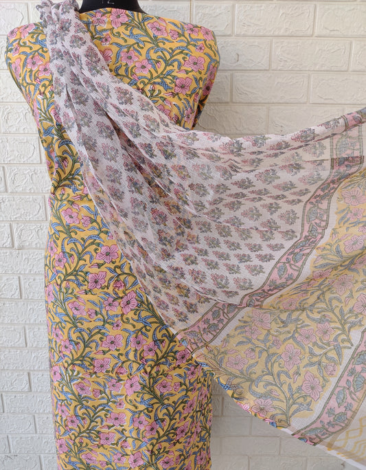 (All over) Hand Block Printed Cotton Suit with Cotton Kota Doria dupatta