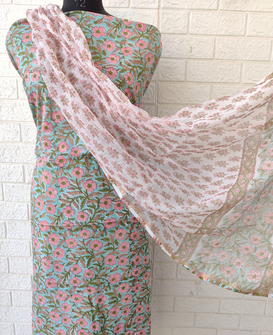 (All over) Hand Block Printed Cotton Suit with Cotton Kota Doria dupatta