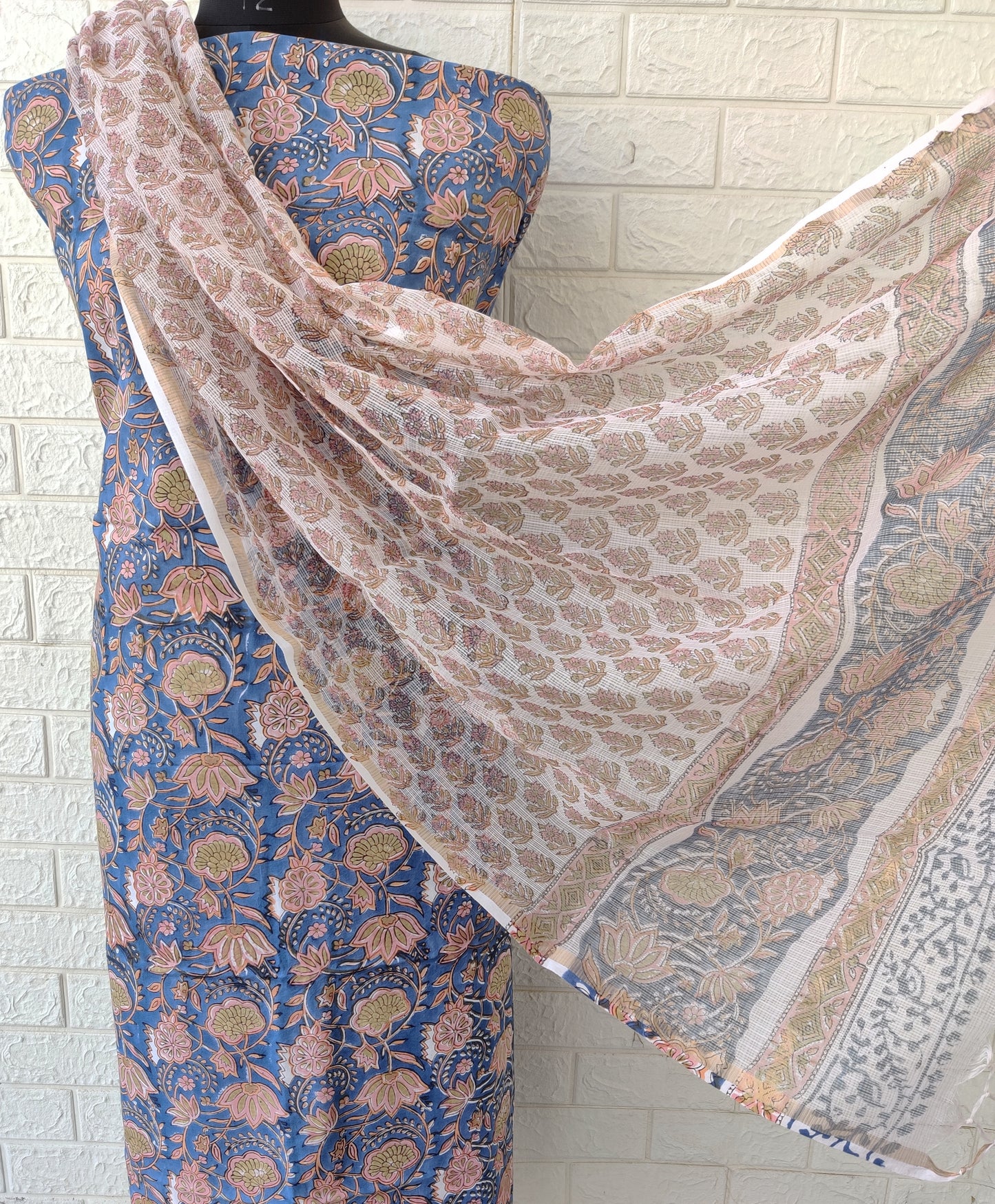 (All over) Hand Block Printed Cotton Suit with Cotton Kota Doria dupatta