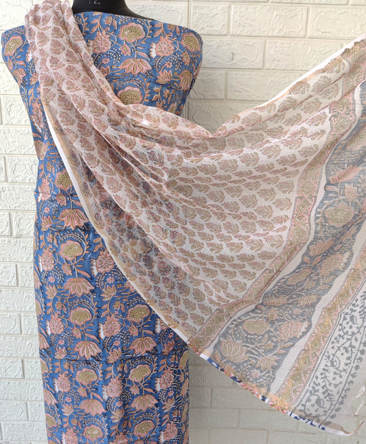 (All over) Hand Block Printed Cotton Suit with Cotton Kota Doria dupatta