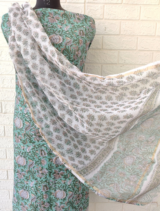 (All over) Hand Block Printed Cotton Suit with Cotton Kota Doria dupatta
