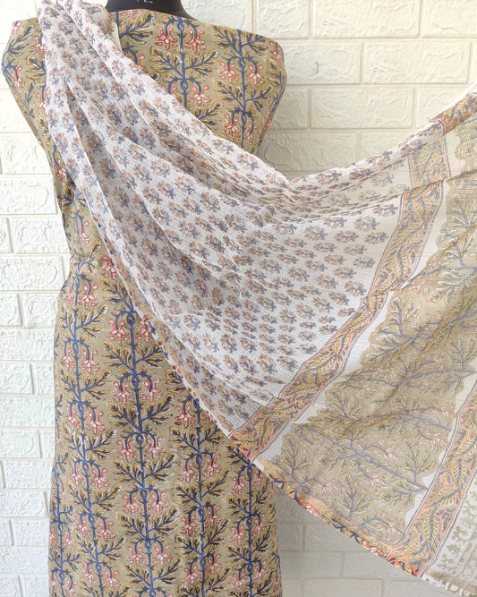 (All over) Hand Block Printed Cotton Suit with Cotton Kota Doria dupatta