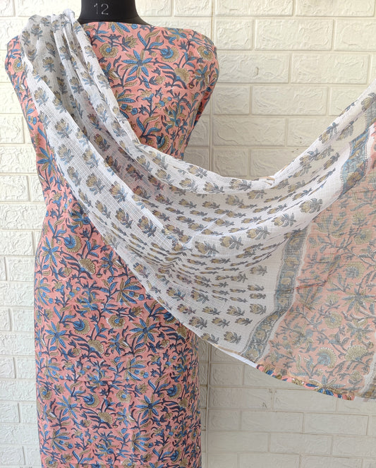 (All over) Hand Block Printed Cotton Suit with Cotton Kota Doria dupatta