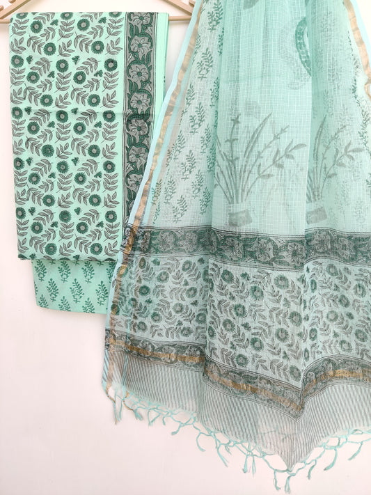 Hand Block Printed Cotton Suit with Cotton Kota Doria dupatta