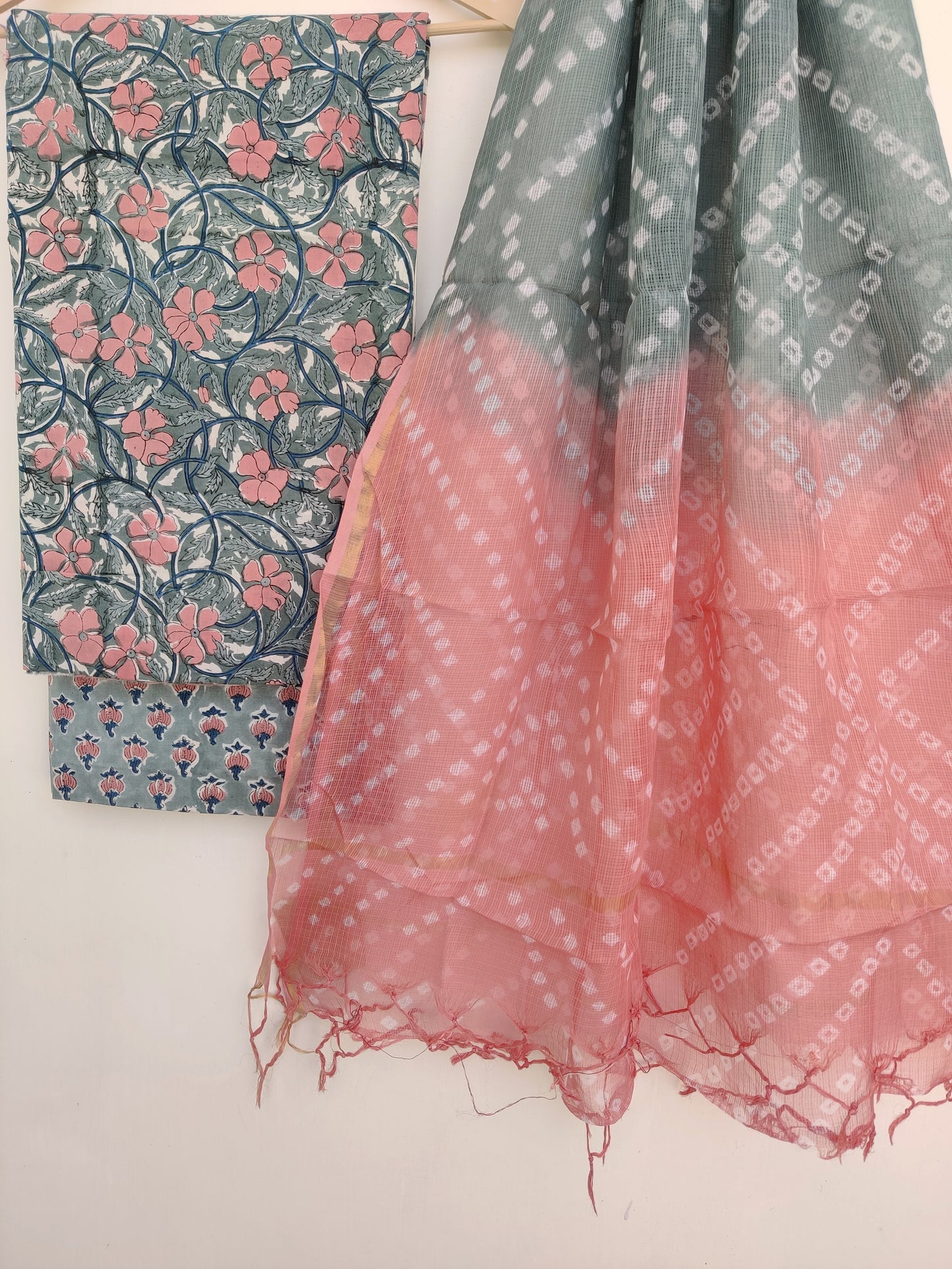 BLOCK PRINTED COTTON SUIT WITH LEHRIYA KOTA DORIA DUPATTA