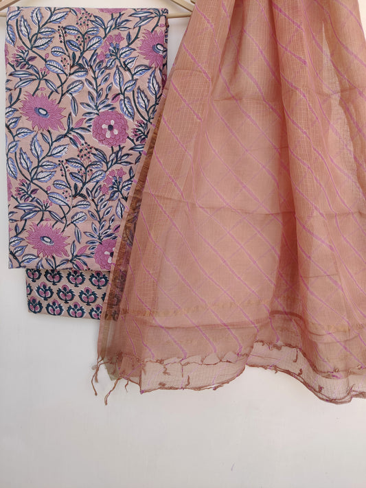 BLOCK PRINTED COTTON SUIT WITH LEHRIYA KOTA DORIA DUPATTA