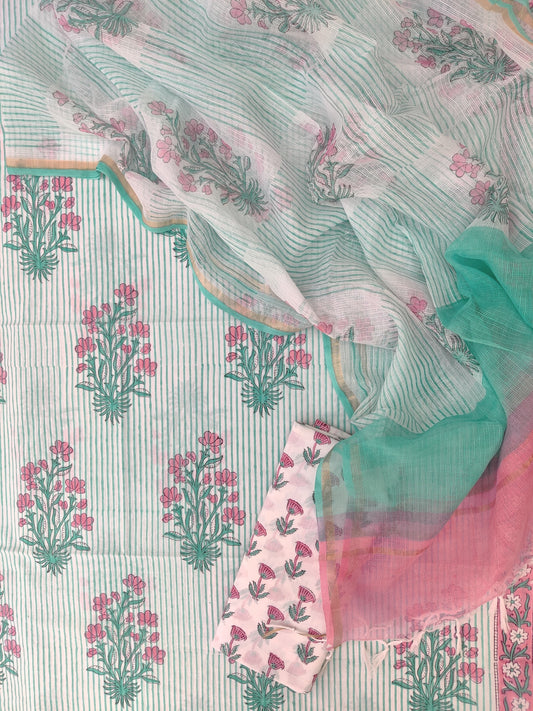 Hand Block Printed Cotton Suit with Cotton Kota Doria dupatta
