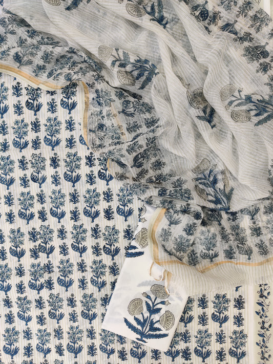 Hand Block Printed Cotton Suit with Cotton Kota Doria dupatta