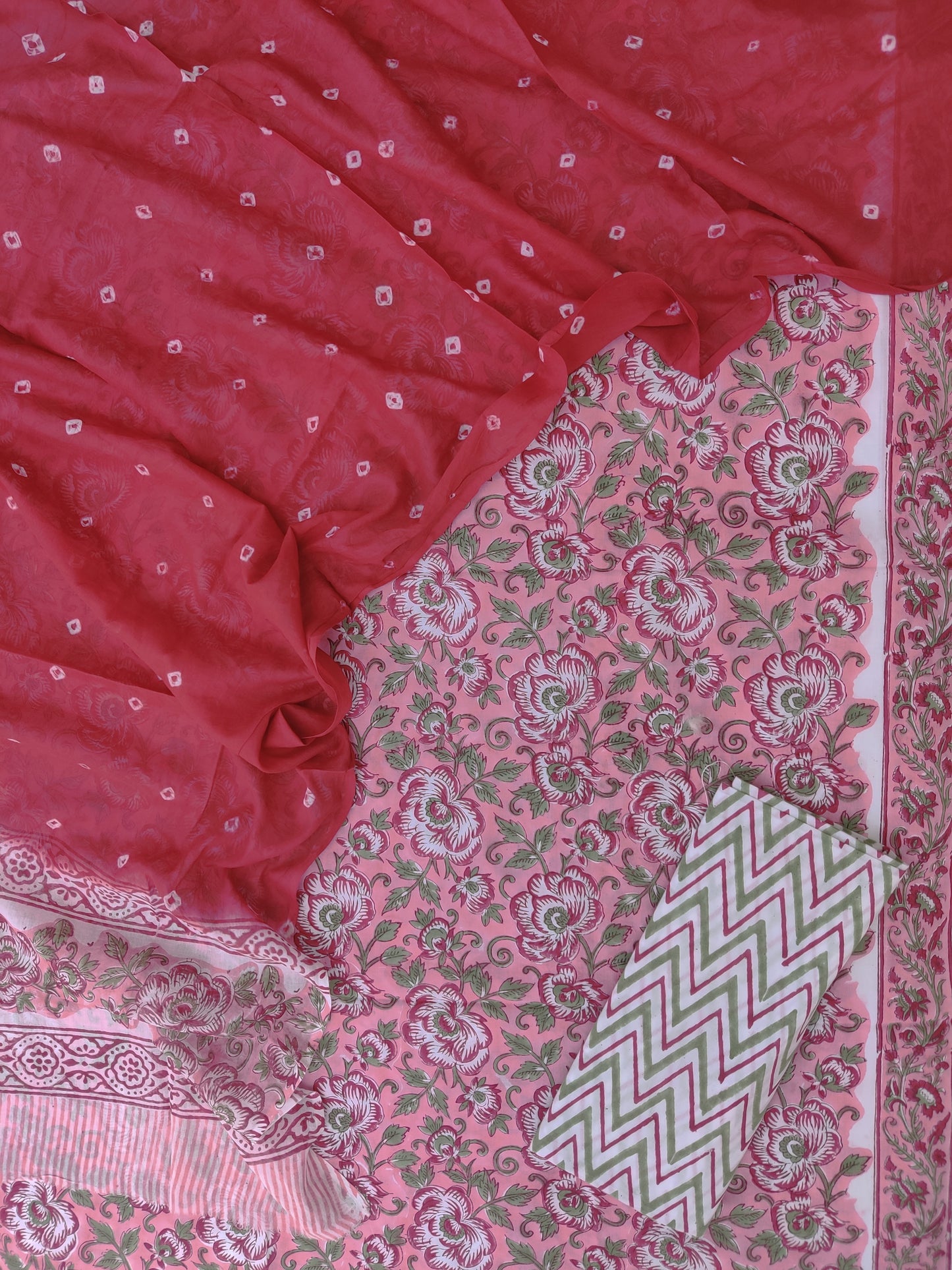 Hand Block Printed Cotton Suits with Mulmul Bandhej Dupatta