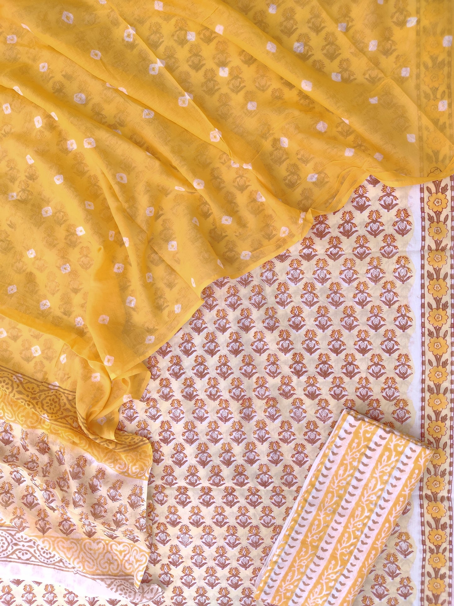 Hand Block Printed Cotton Suits with Mulmul Bandhej Dupatta