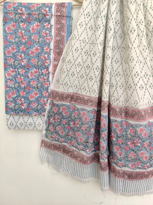 Hand Block Printed Unstitched Cotton Suit with Mulmul Dupatta