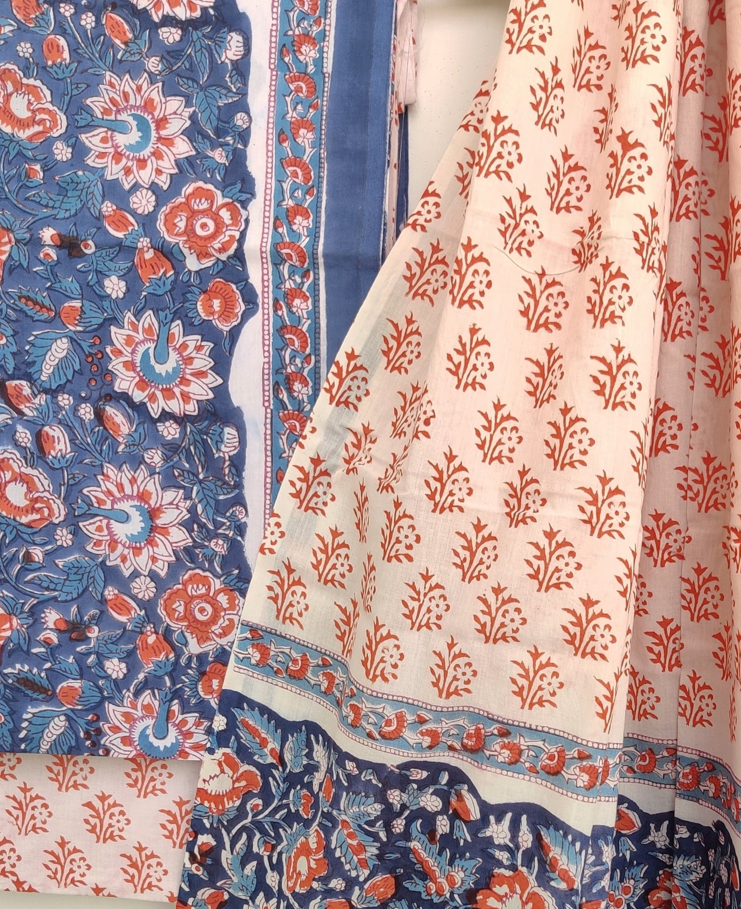 Hand Block Printed Unstitched Cotton Suit with Mulmul Dupatta