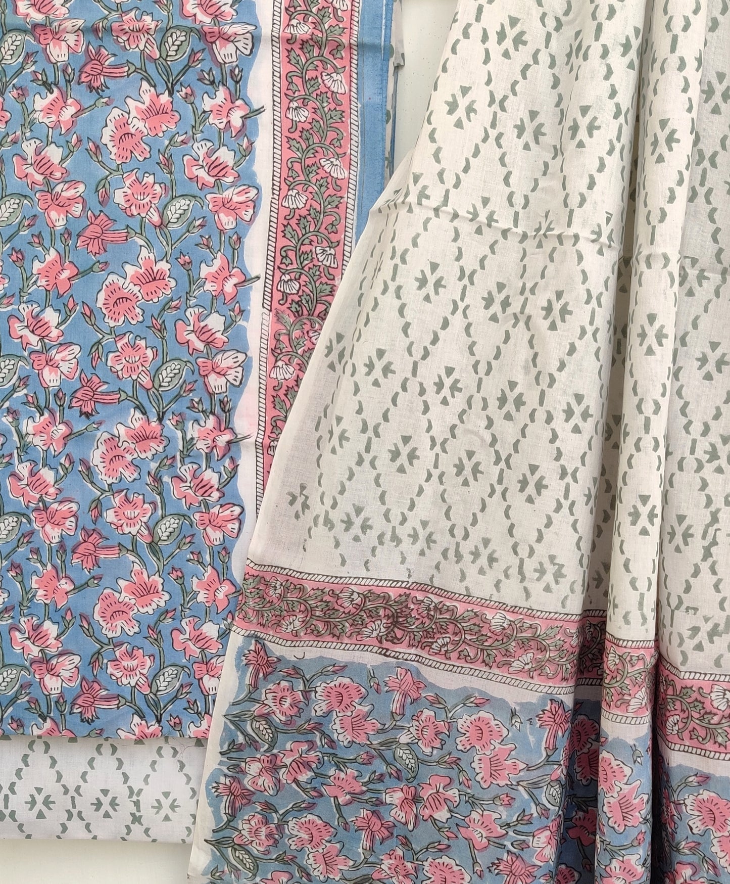 Hand Block Printed Unstitched Cotton Suit with Mulmul Dupatta