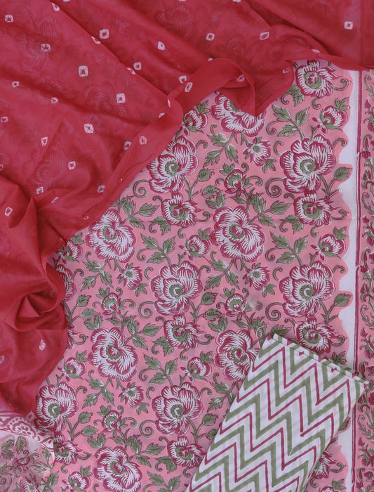 Hand Block Printed Cotton Suits with Mulmul Bandhej Dupatta