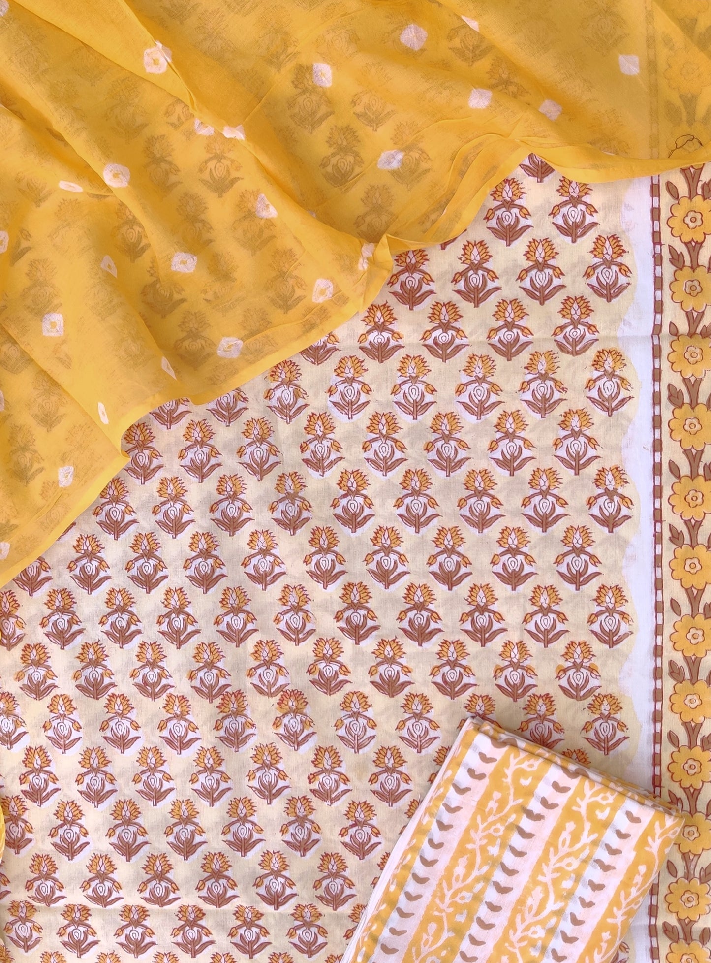 Hand Block Printed Cotton Suits with Mulmul Bandhej Dupatta