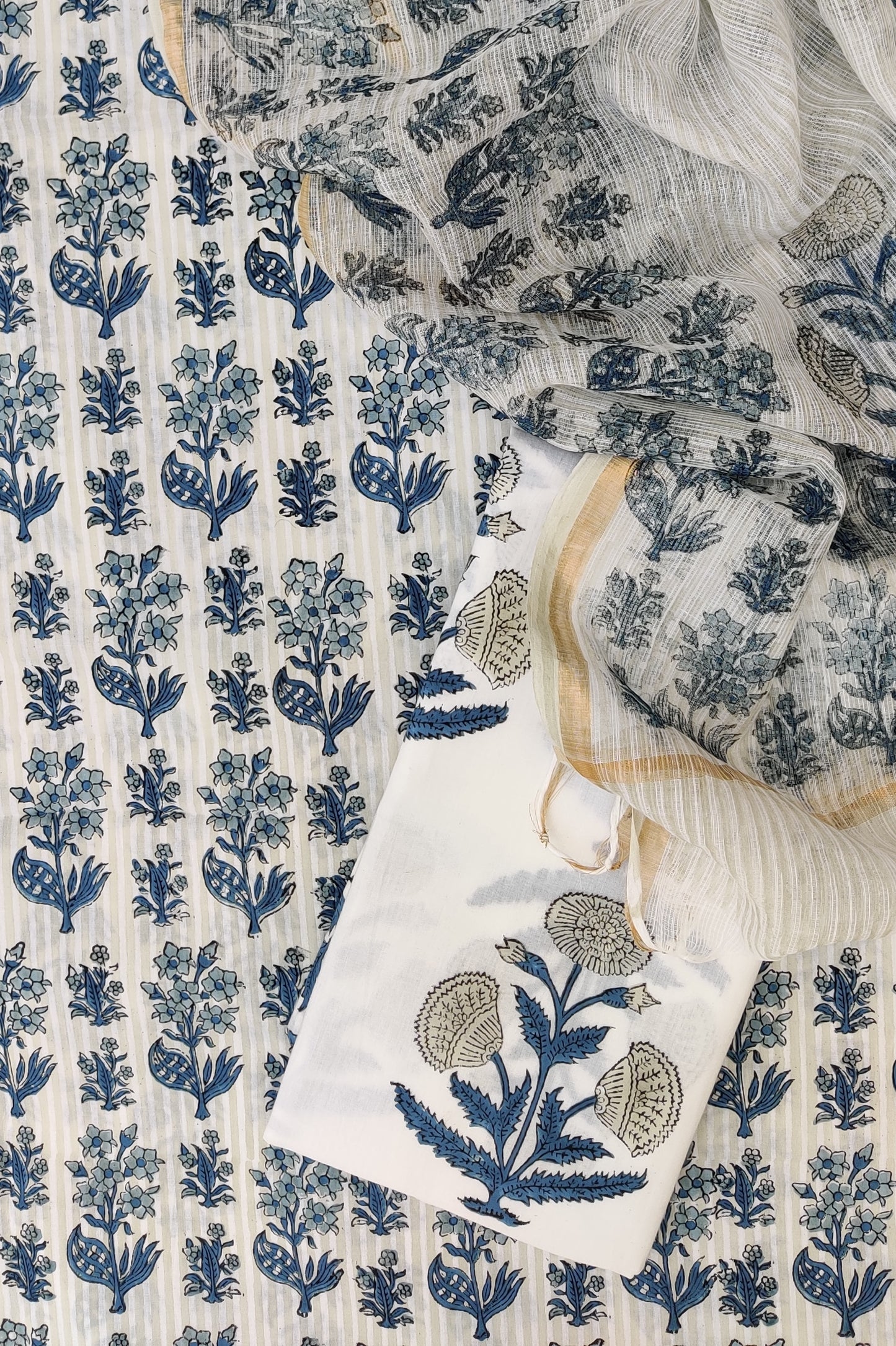 Hand Block Printed Cotton Suit with Cotton Kota Doria dupatta