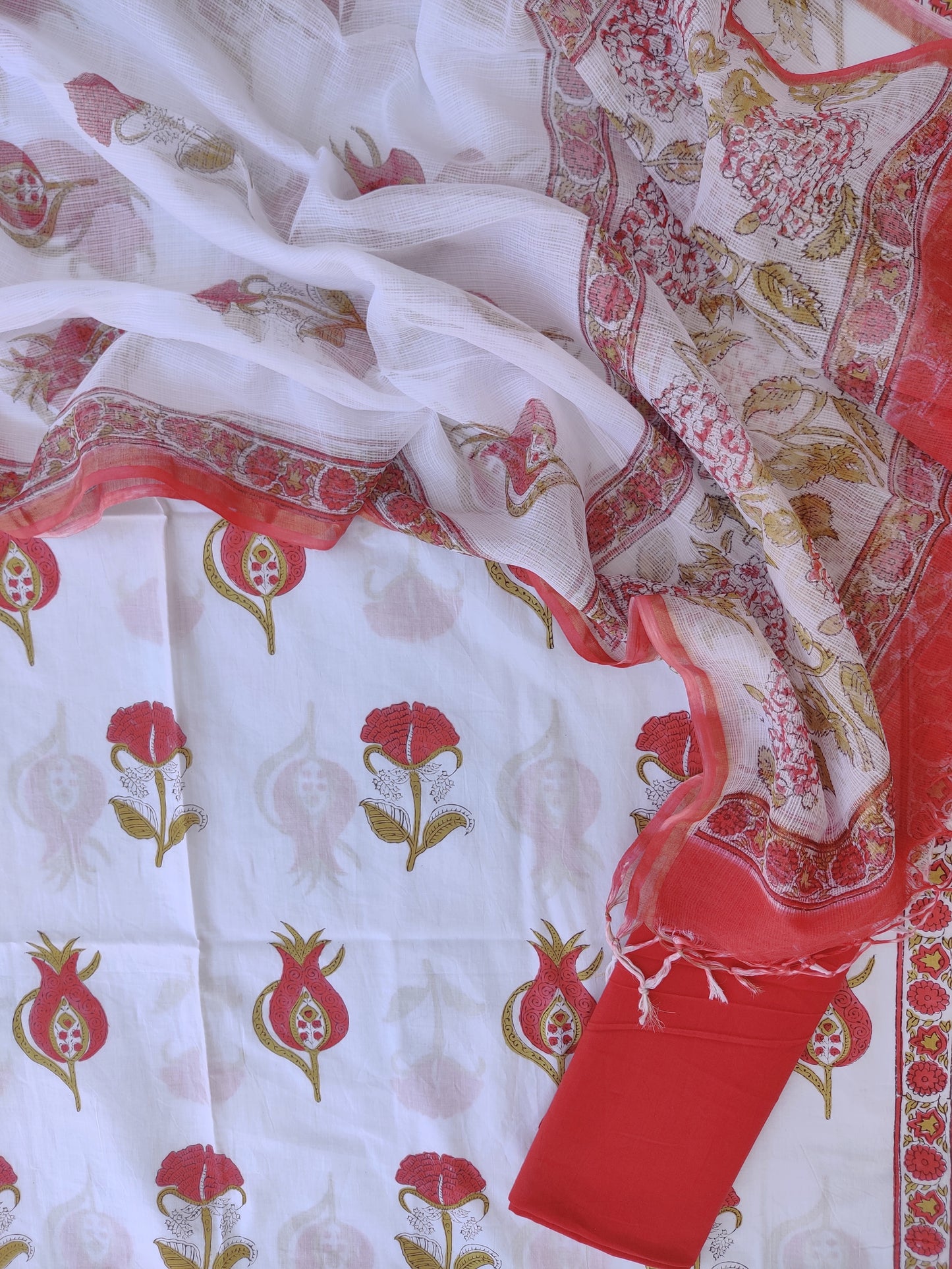 Hand Block Printed Cotton Suit with Cotton Kota Doria dupatta