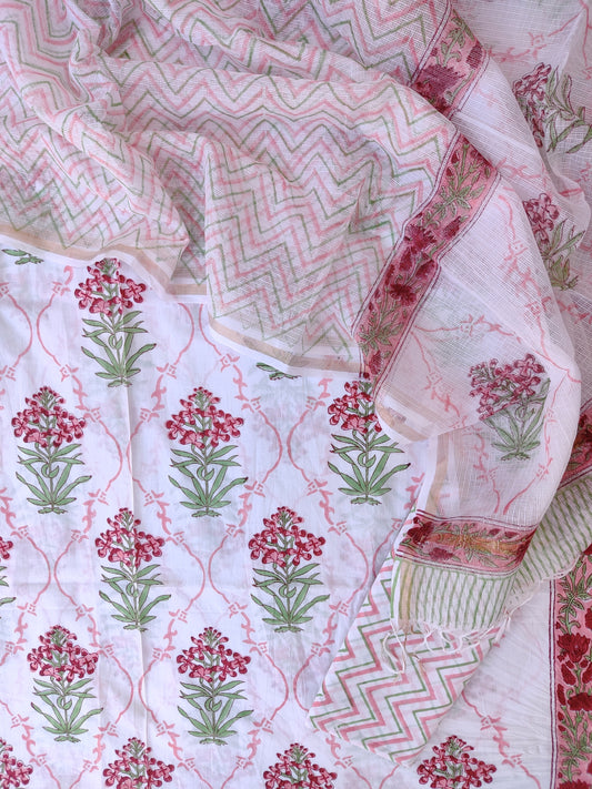 Hand Block Printed Cotton Suit with Cotton Kota Doria dupatta