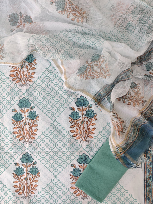Hand Block Printed Cotton Suit with Cotton Kota Doria dupatta