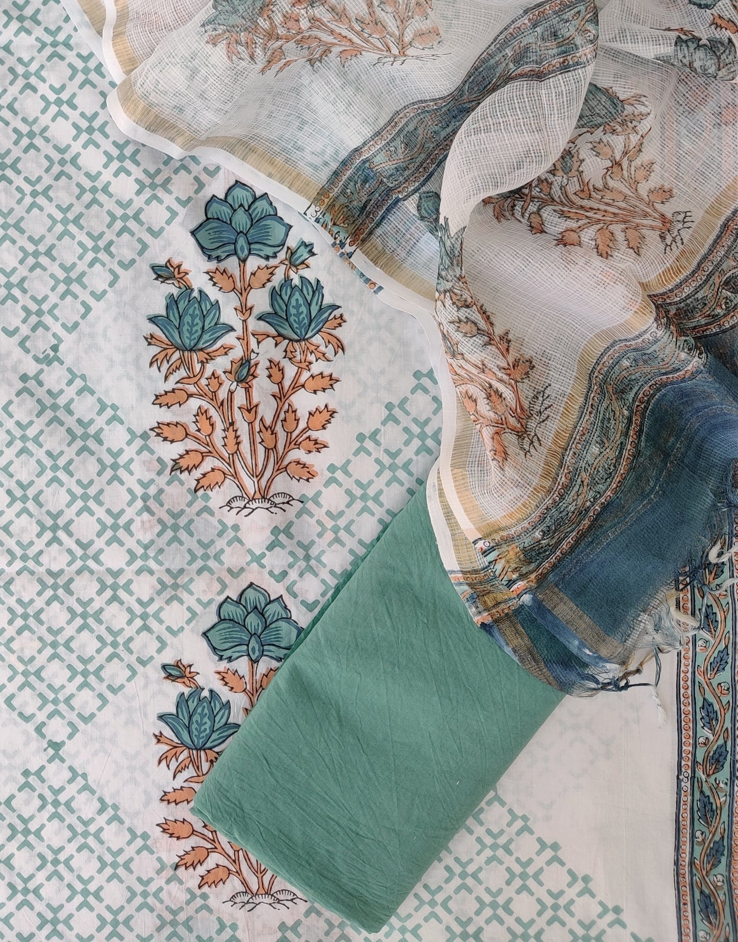 Hand Block Printed Cotton Suit with Cotton Kota Doria dupatta