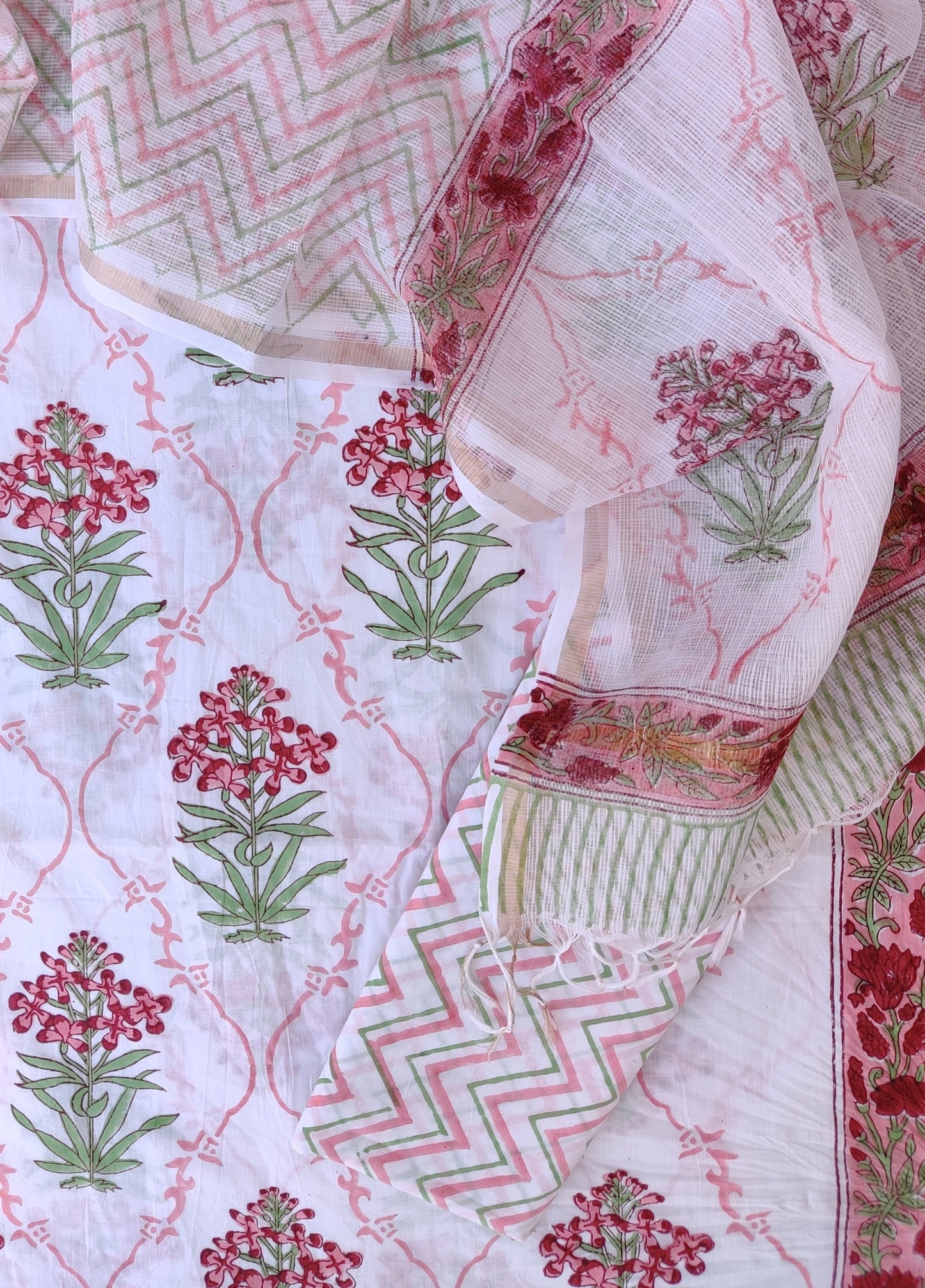 Hand Block Printed Cotton Suit with Cotton Kota Doria dupatta