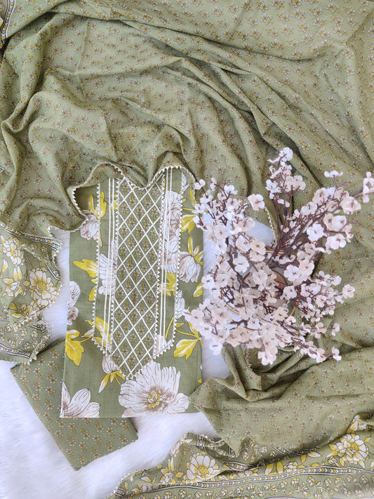 Cotton Printed Neck Work Suits with mulmul dupatta