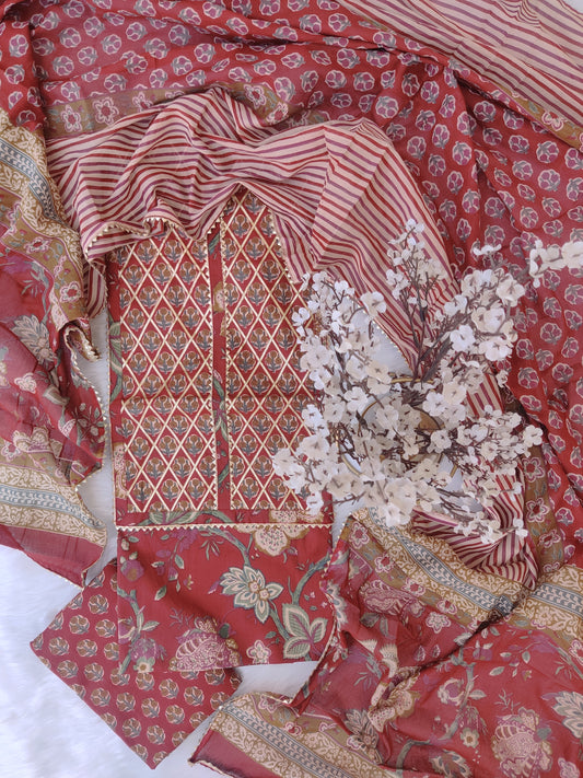 Cotton Printed Neck Work Suits with mulmul dupatta
