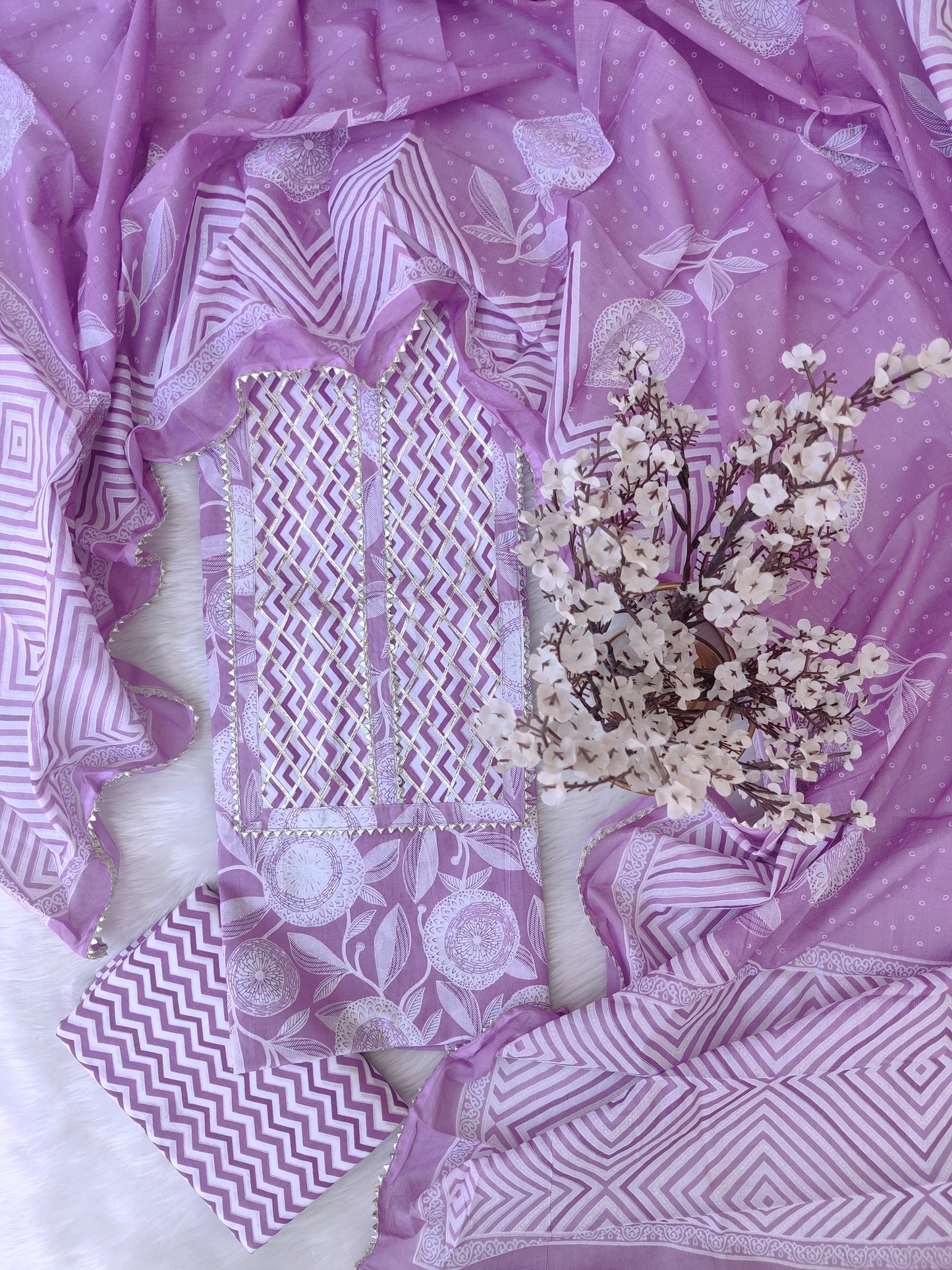Cotton Printed Neck Work Suits with mulmul dupatta