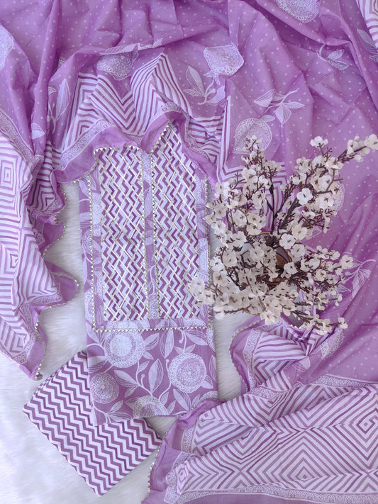 Cotton Printed Neck Work Suits with mulmul dupatta