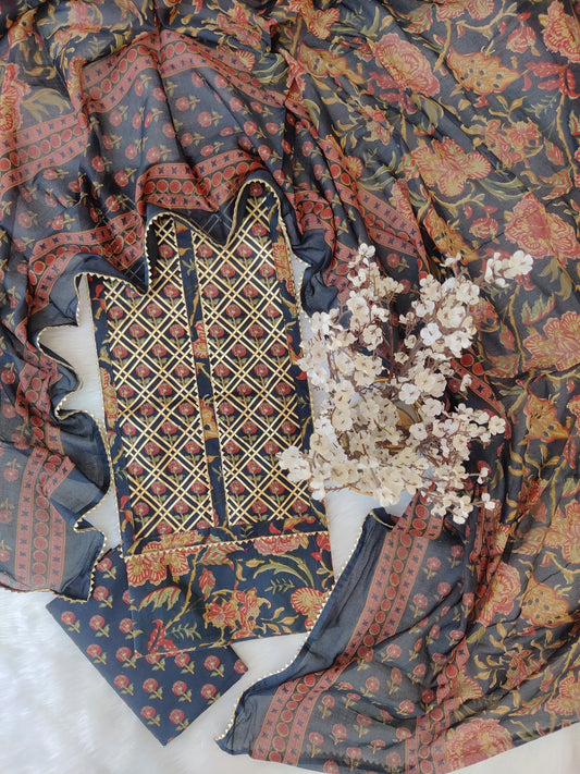 Cotton Printed Neck Work Suits with mulmul dupatta