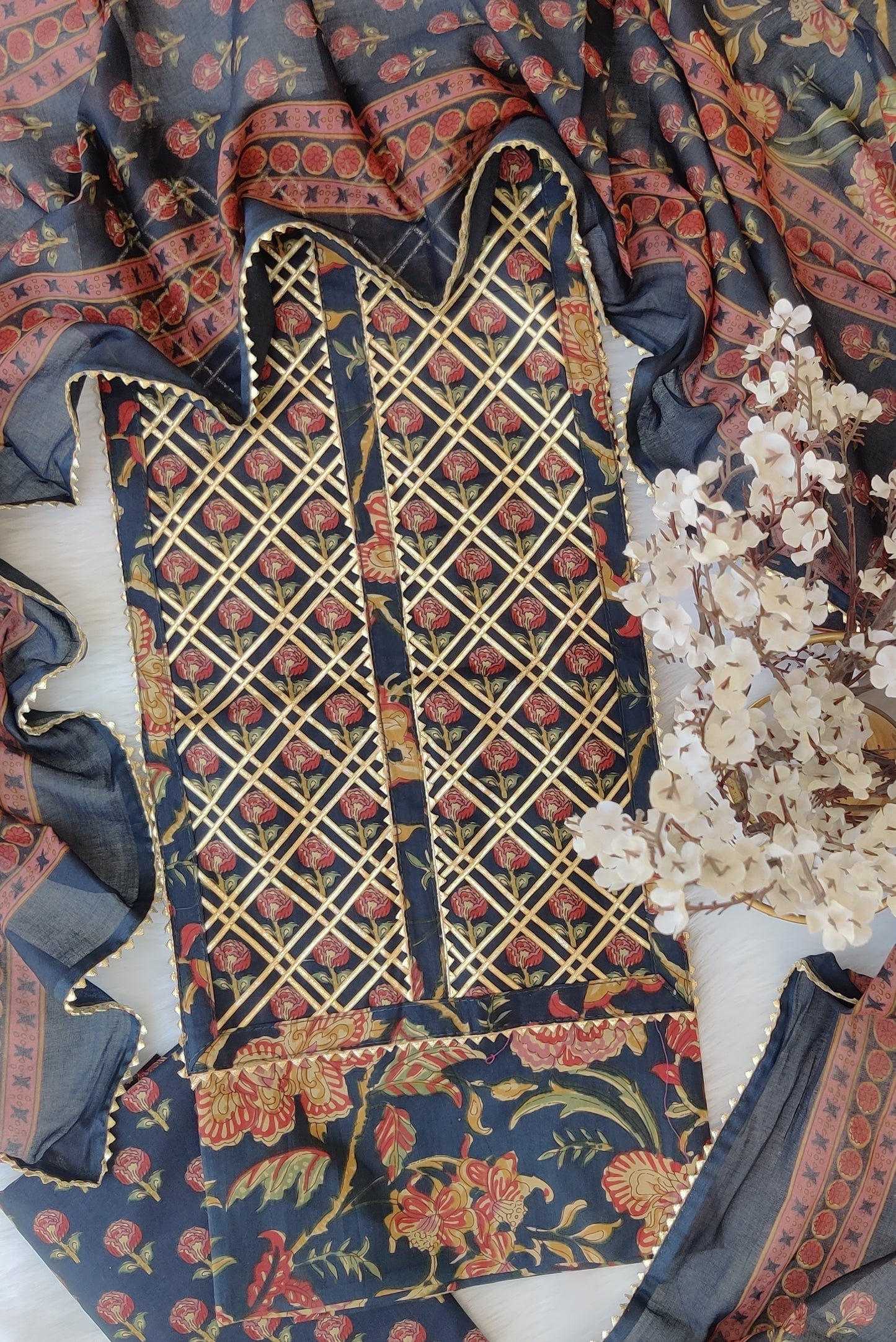 Cotton Printed Neck Work Suits with mulmul dupatta