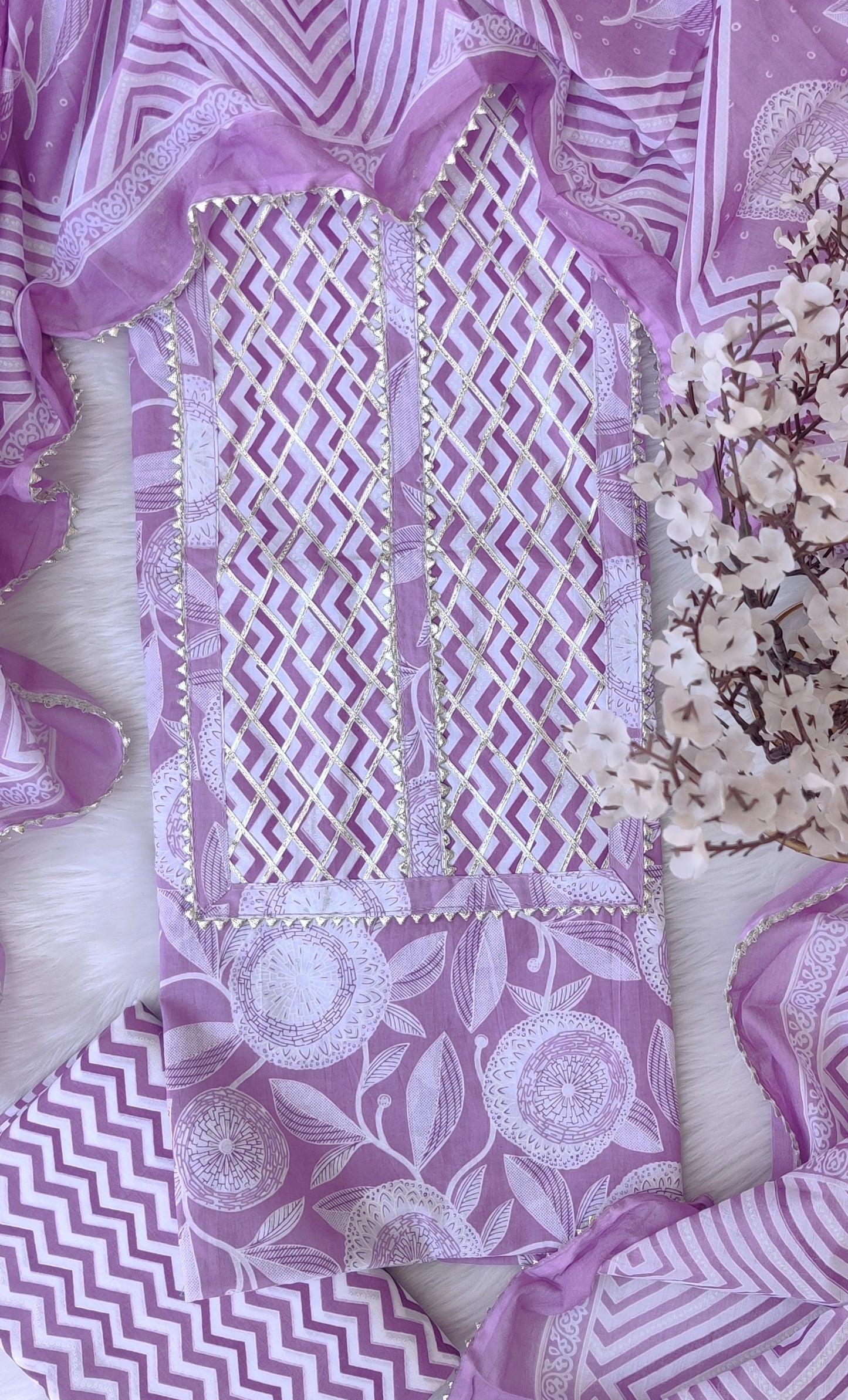 Cotton Printed Neck Work Suits with mulmul dupatta