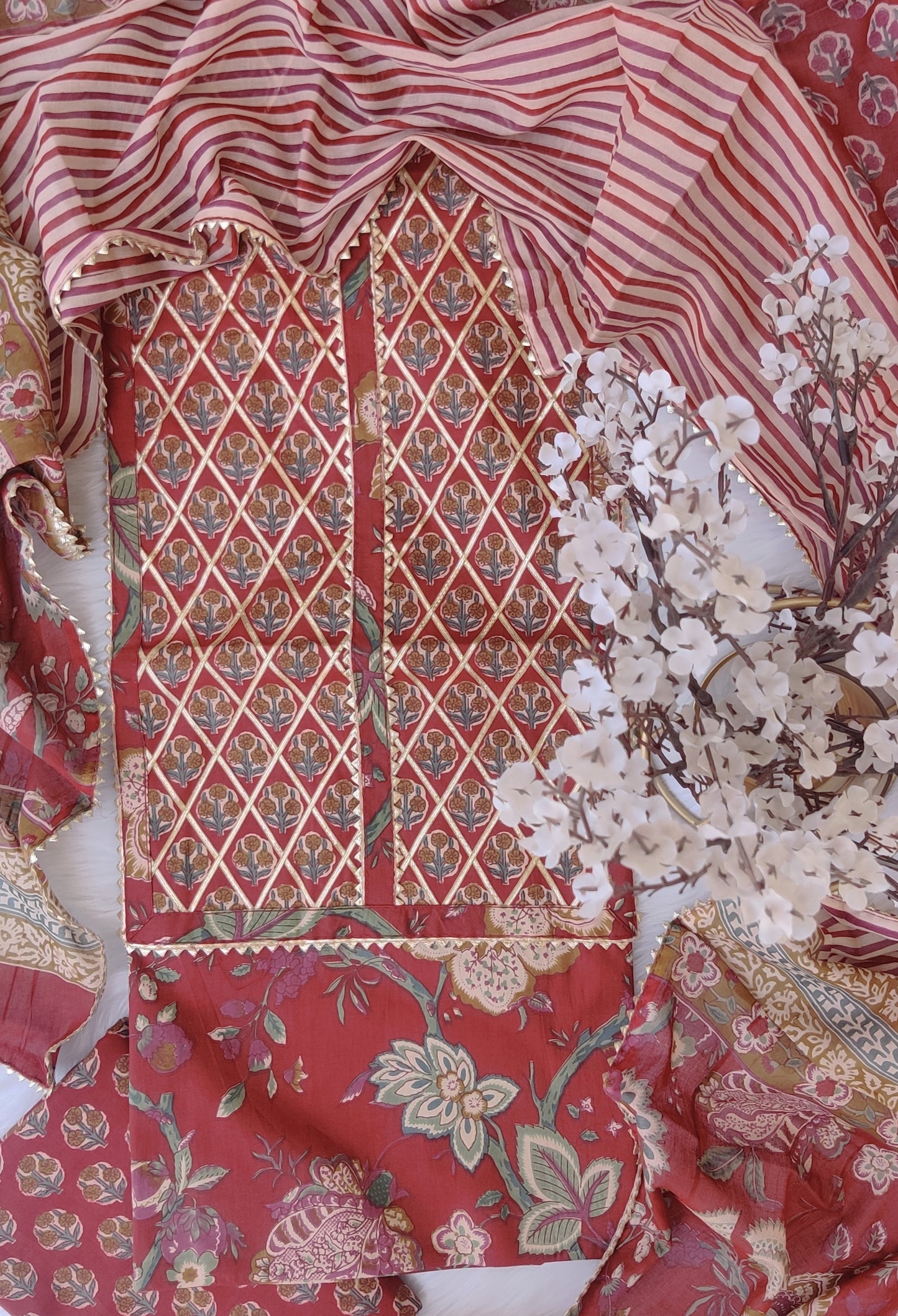 Cotton Printed Neck Work Suits with mulmul dupatta