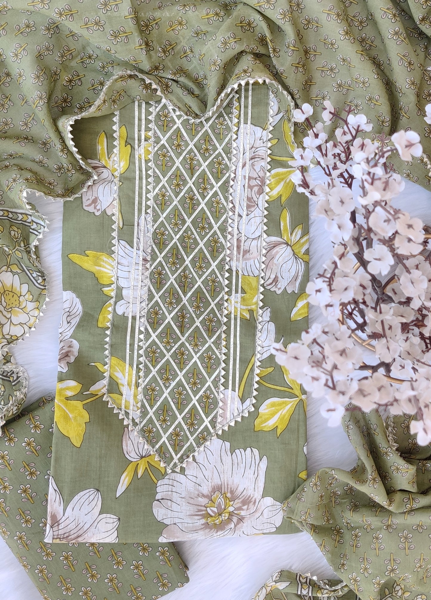Cotton Printed Neck Work Suits with mulmul dupatta