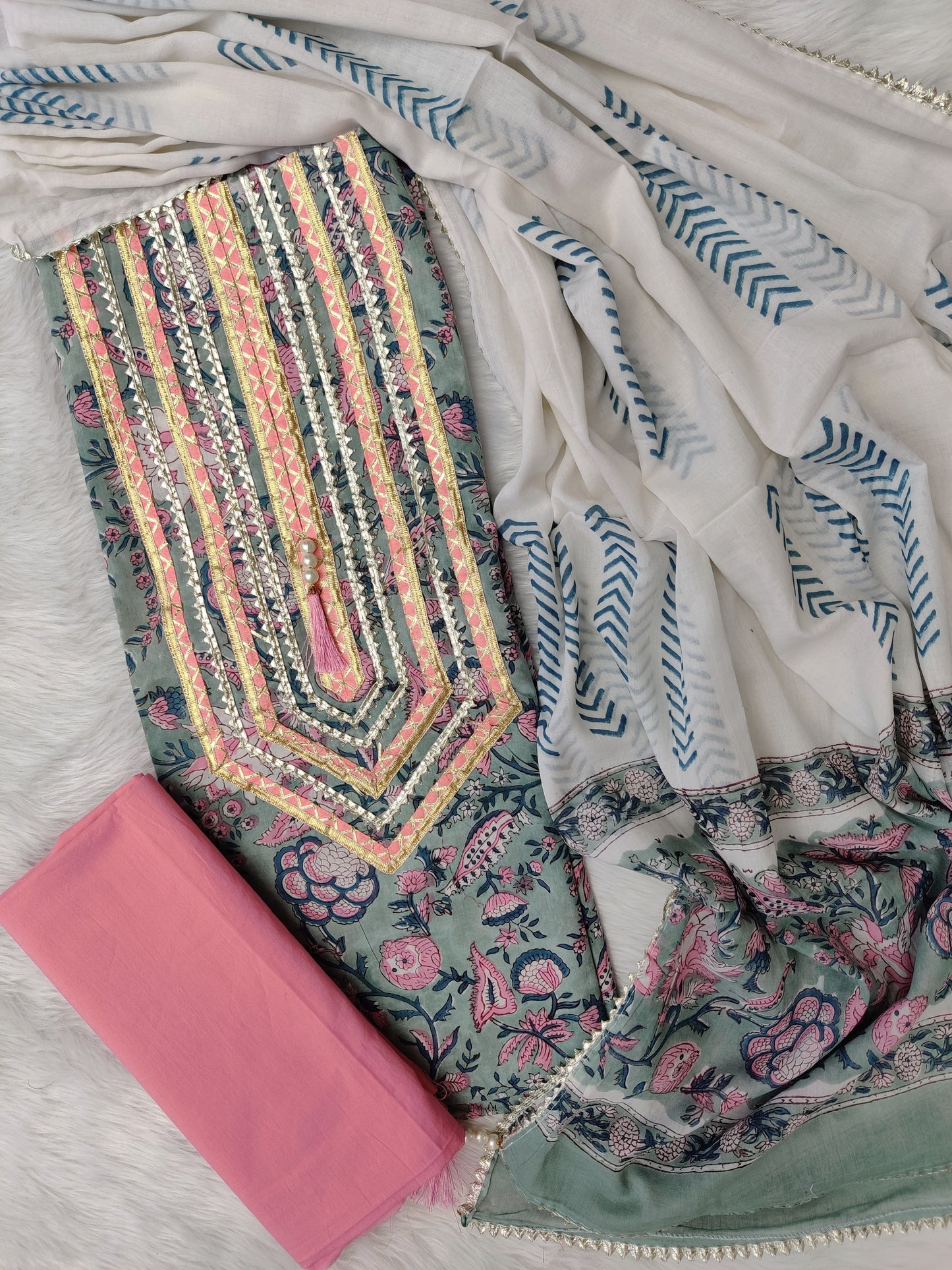 (SALE) HANDBLOCK PRINTED NECK WORK SUITS WITH MULMUL DUPATTA