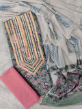 (SALE) HANDBLOCK PRINTED NECK WORK SUITS WITH MULMUL DUPATTA