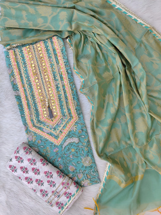(SALE) HANDBLOCK PRINTED NECK WORK SUITS WITH BANARASI SILK DUPATTA