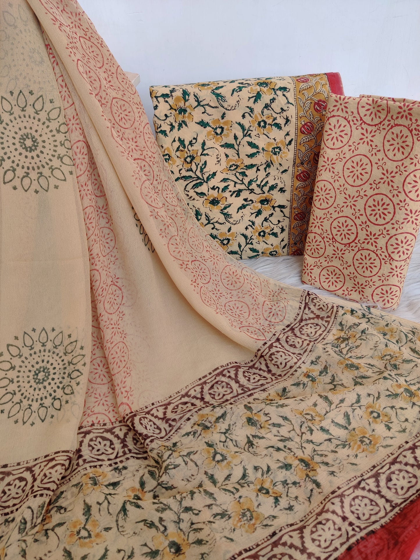 (KALAMKARI) HAND BLOCK PRINTED COTTON SUIT WITH PURE CHIFFON DUPATTA
