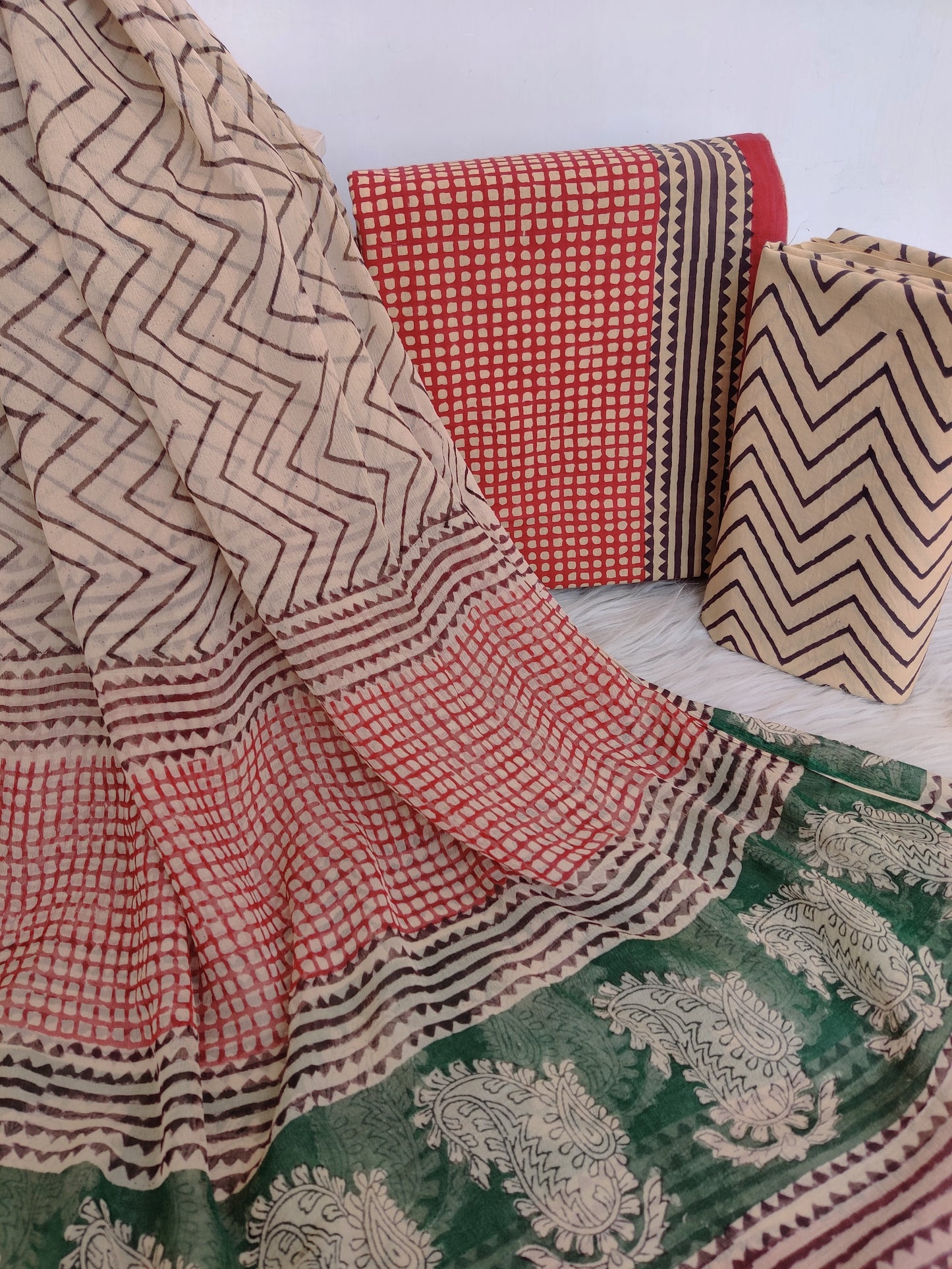 (KALAMKARI) HAND BLOCK PRINTED COTTON SUIT WITH PURE CHIFFON DUPATTA
