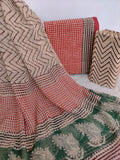 (KALAMKARI) HAND BLOCK PRINTED COTTON SUIT WITH PURE CHIFFON DUPATTA