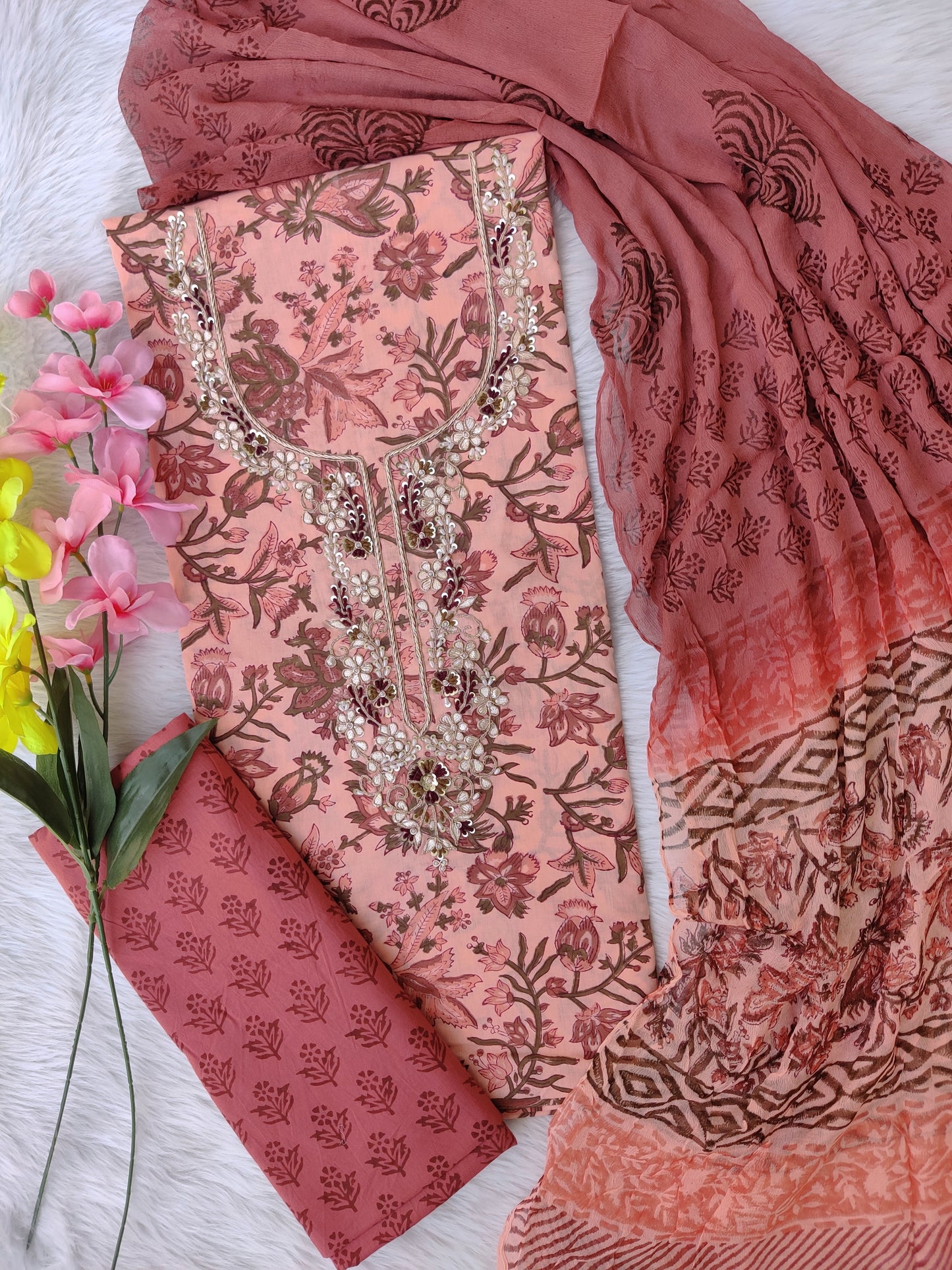 FLORAL PRINTED COTTON GOTA PATTI SUIT WITH CHIFFON DUPATTA