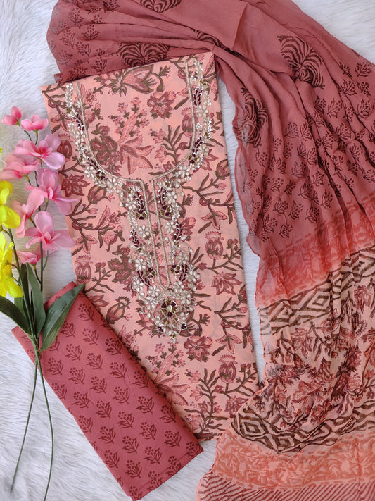 FLORAL PRINTED COTTON GOTA PATTI SUIT WITH CHIFFON DUPATTA