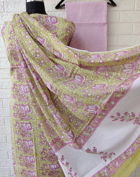 HANDBLOCK COTTON UNSTICHED SUIT SET WITH MULMUL DUPATTA