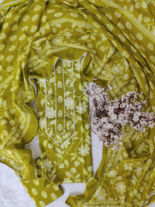 Exclusive Cotton Printed Neck Work Suits with mulmul dupatta